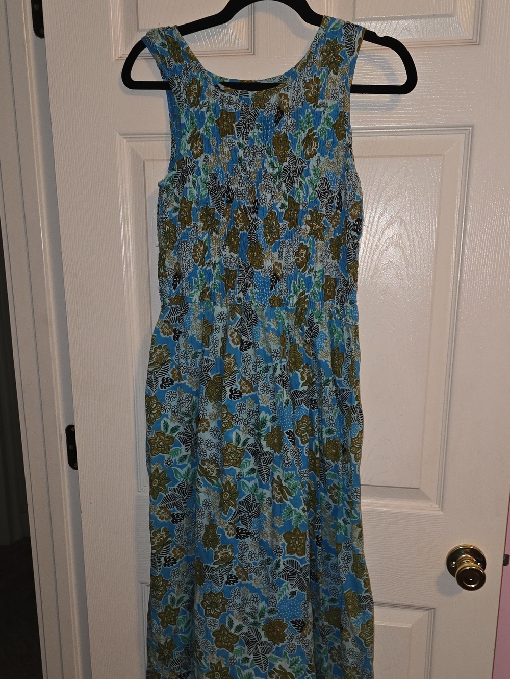 Jane‎ Ashley Blue Floral Smocked Maxi Dress with Olive Accents